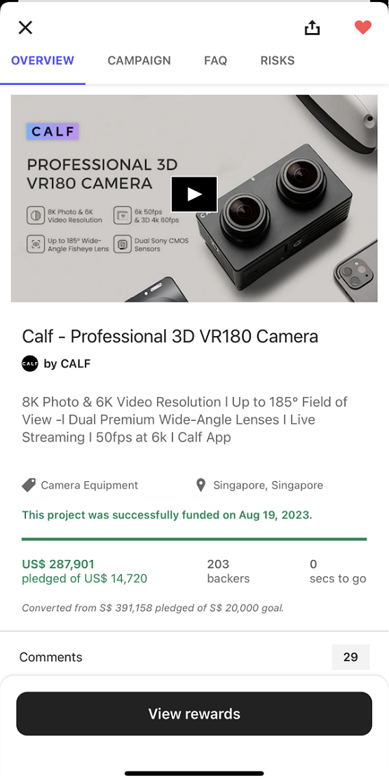 突破200万元！唱吧旗下开飞（Calf）3D VR180相机海外Kickstarter众筹圆满落幕，成绩喜人！