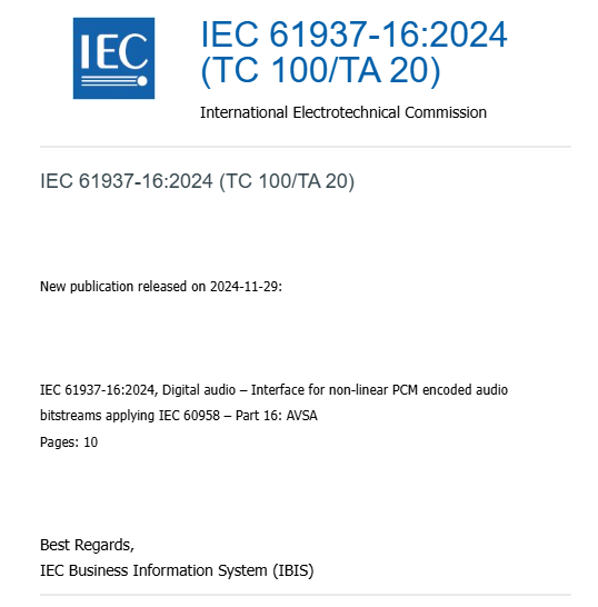 全景声科技主导的IEC61937-16: AVSA标准正式发布