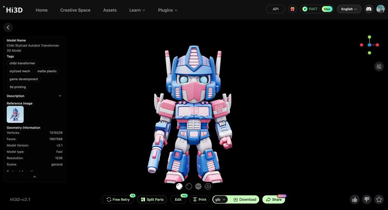 2-minute generation of high-precision 3D mecha models